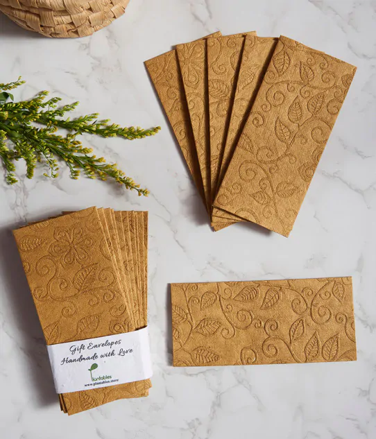Handmade Paper Gift Envelope - Set of 12, Golden Floral