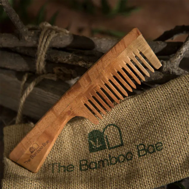 Neem Wood Comb with Handle - Wide Tooth